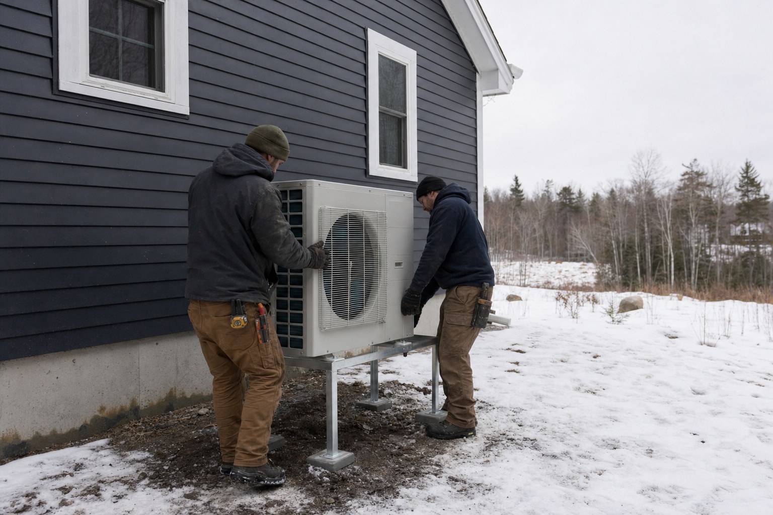 Heat pump installers setting an outdoor unit on a raised stand beside a snowy house