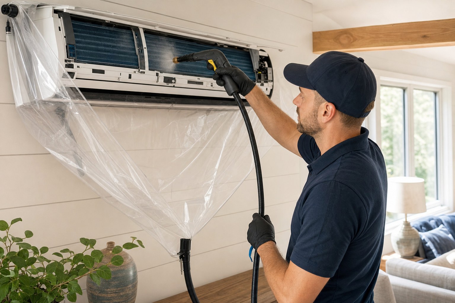 Technician cleaning a ductless heat pump indoor unit