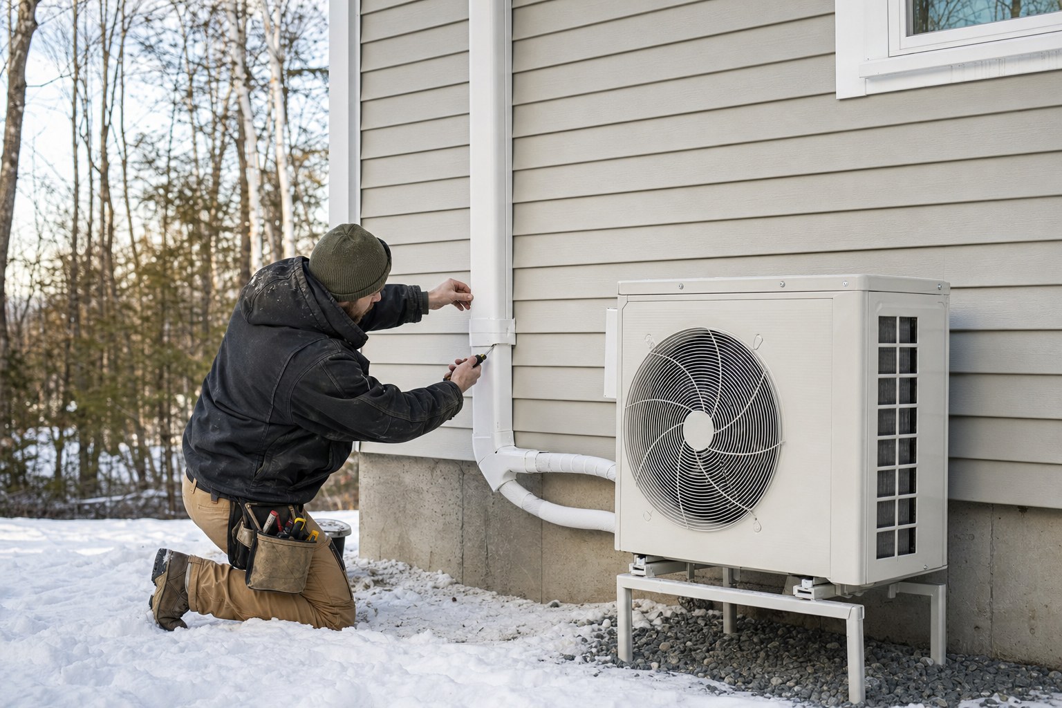 Installer fitting a painted line-set cover beside an outdoor heat pump in winter