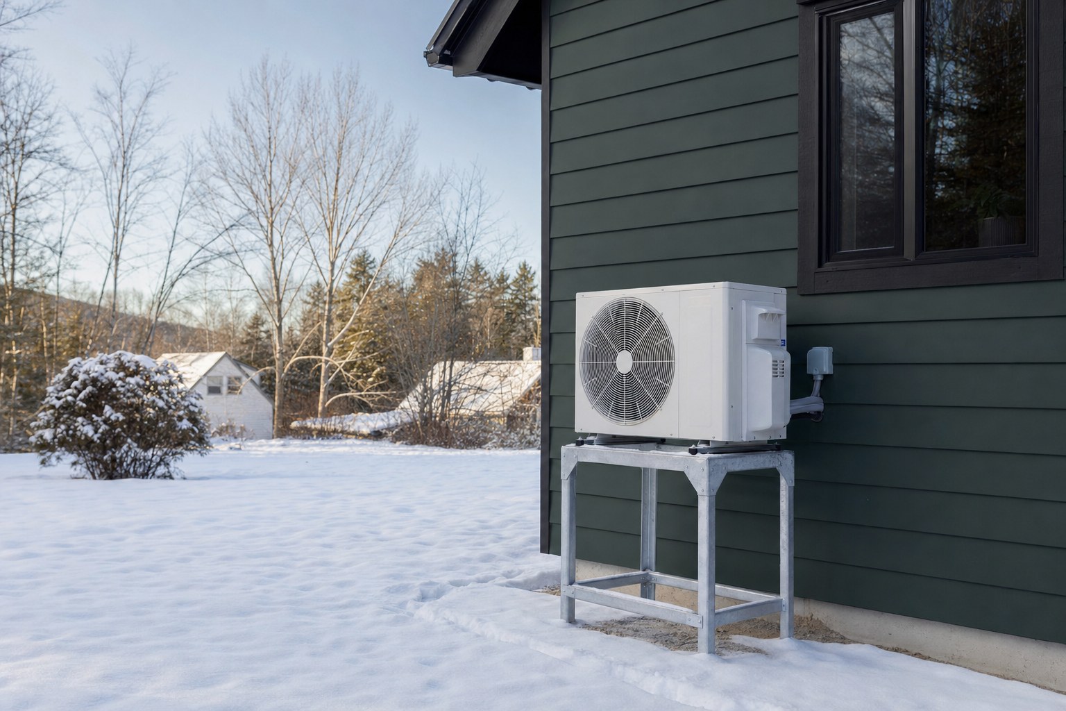 Cold-climate outdoor heat pump on a stand beside a Maine home in snow