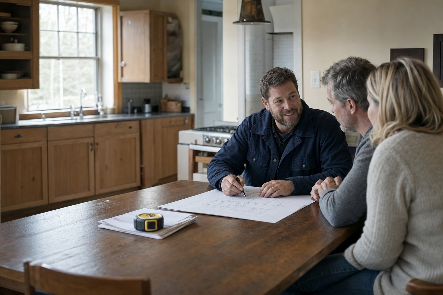 Electrician reviewing a home plan with homeowners at a kitchen table