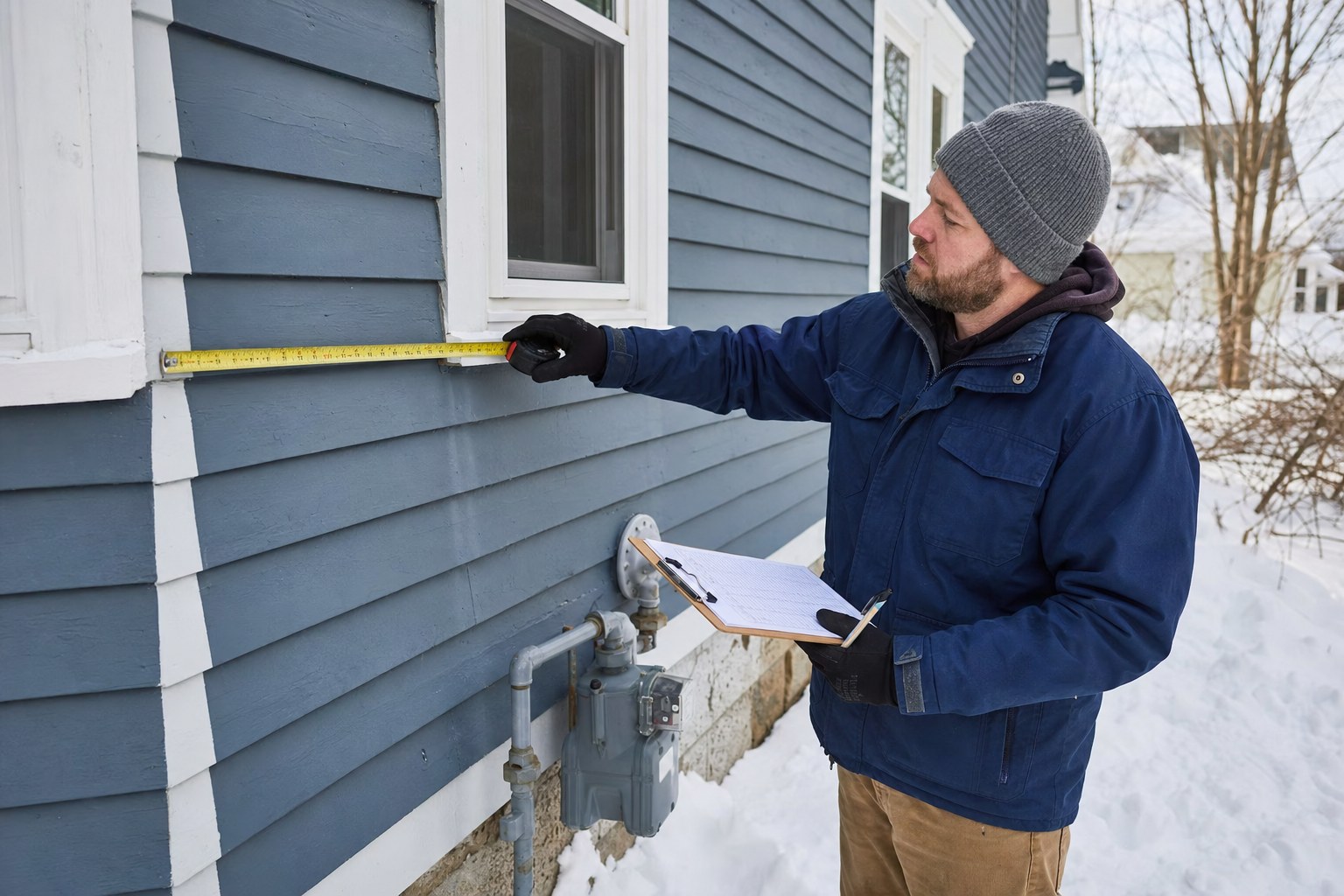 Technician measuring a Maine home for a heat-loss calculation