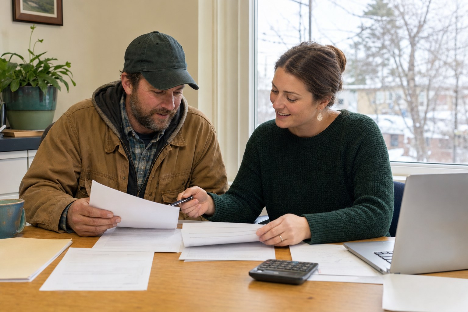 Homeowner and office coordinator reviewing rebate paperwork together at a desk