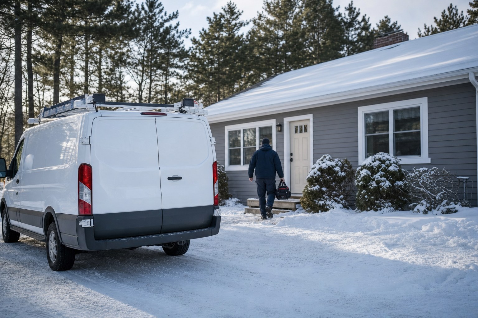Service van at a Maine home in winter